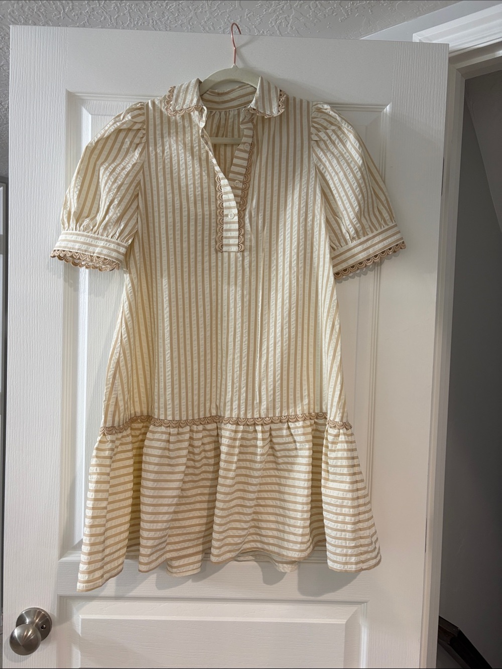 Women’s Cream & Tan Striped Ruffle Hem Dress
